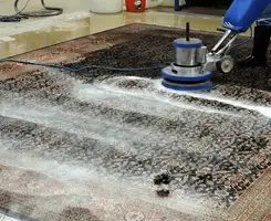 Professional rug cleaning with a rotary floor machine and shampoo foam, deep-cleaning an area rug, in Atlanta, GA.